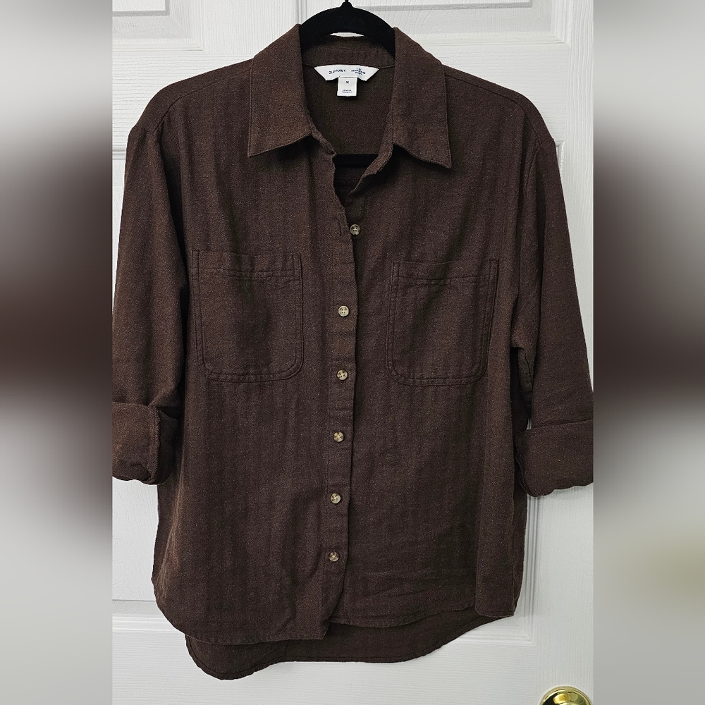 Womens Old Navy Chocolate Brown Boyfriend Shirt MED - Picture 2 of 4